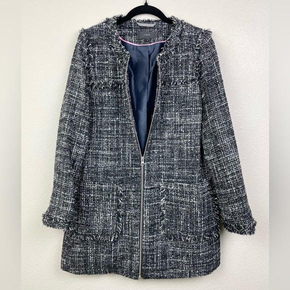 J.Crew Women's 12 Boucle Tweed Knit Swing Coat Full Zip Pockets Collarless Raven - Picture 6 of 16
